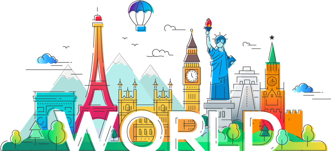 graphic featuring world landmarks like the Arc de Triumph, Big Ben and Parliament, the Eiffel Tower, and the Statue of Liberty