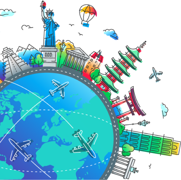 globe graphic with landmarks and planes